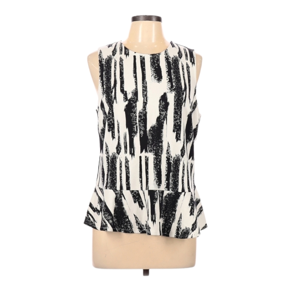 Kaari Blue Sleeveless Top Size L Black Ivory Crew Neck Keyhole Back Peplum Hem